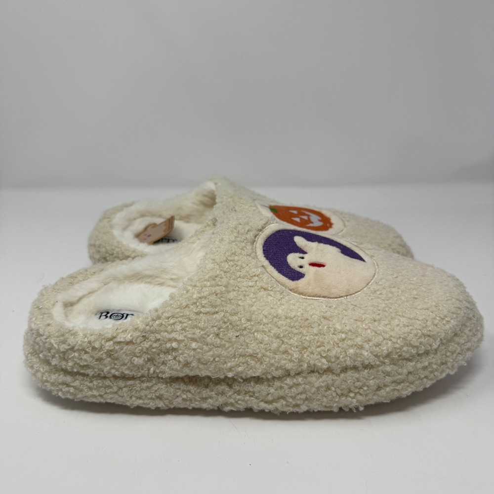Born Halloween Ghost Pumpkin Sherpa Mismatched Slippers Cream Womens M/L(7-10)